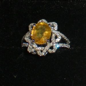 14K White Gold Ring, 1.40 ct Natural Yellow Sapphire 6 x 8 mm, diamond 0.49 ctw.